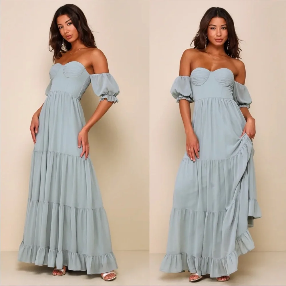 Sage Chiffon Bustier Off-the-Shoulder Ruffle Maxi Dress 🌿 - Picture 6 of 12